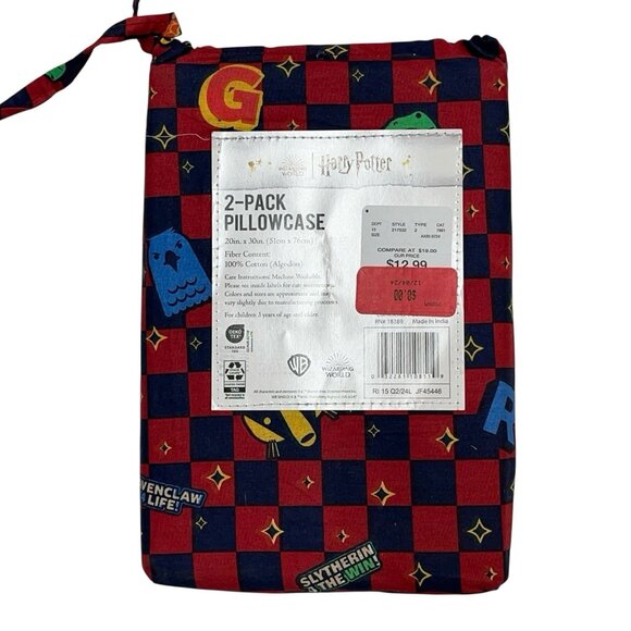 Harry Potter Hogwarts Standard Pillowcase 20"x30" Red Blue Check Cotton 2 Pack - Picture 2 of 6